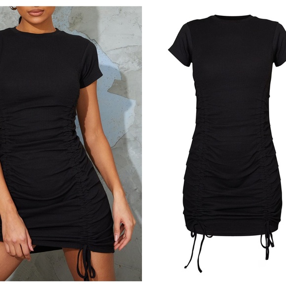 NWOT PLT Black Rib Double Ruched Bodycon Dress - Picture 2 of 5